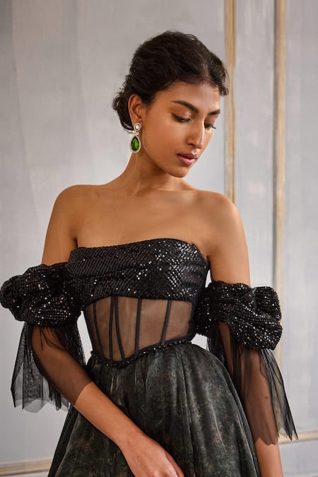 Buy_Cedar & Pine_Green Tulle, Cotton Sequins, Embroidery Off-shoulder Victorian Floral Print Gown _Online_at_Aza_Fashions