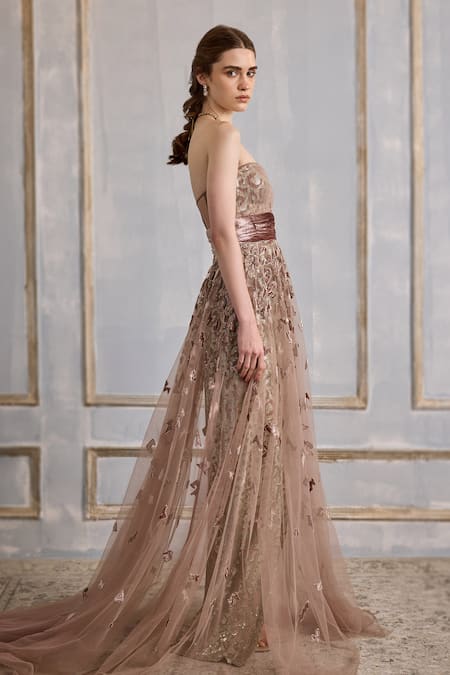 Cedar & Pine_Pink Tulle, Velvet Sequins, Crystals Sweetheart Neck Applique Embellished Gown _Online_at_Aza_Fashions