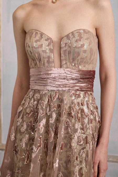 Buy_Cedar & Pine_Pink Tulle, Velvet Sequins, Crystals Sweetheart Neck Applique Embellished Gown _Online_at_Aza_Fashions