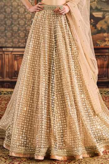 Cedar & Pine_Gold Tulle Sequins, Beads Sweetheart Neck Moonlight Ball Embroidered Lehenga Set _Online_at_Aza_Fashions