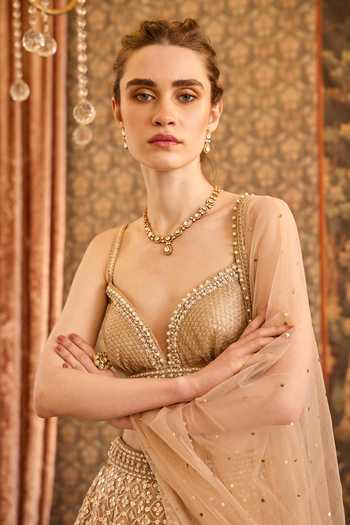 Buy_Cedar & Pine_Gold Tulle Sequins, Beads Sweetheart Neck Moonlight Ball Embroidered Lehenga Set _Online_at_Aza_Fashions