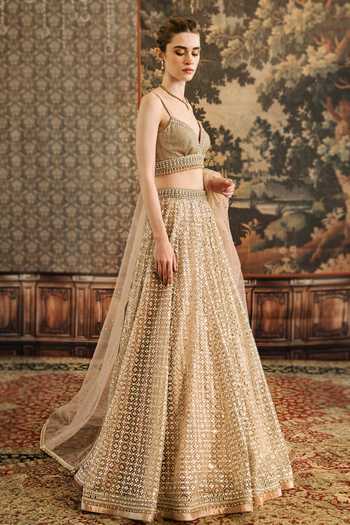 Shop_Cedar & Pine_Gold Tulle Sequins, Beads Sweetheart Neck Moonlight Ball Embroidered Lehenga Set _Online_at_Aza_Fashions