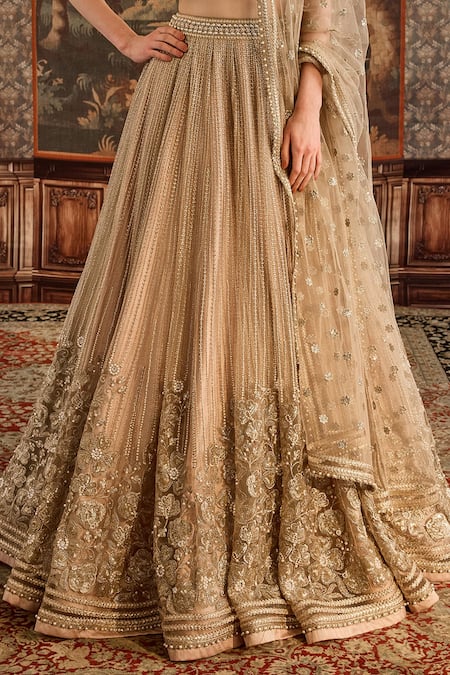 Cedar & Pine_Gold Tulle Crystals, Sequins, Embroidery Sweetheart Neck Floral Lehenga Set _Online_at_Aza_Fashions