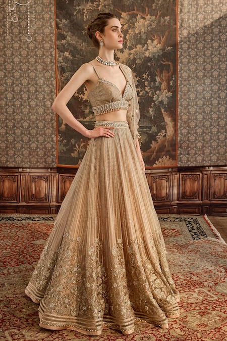 Buy_Cedar & Pine_Gold Tulle Crystals, Sequins, Embroidery Sweetheart Neck Floral Lehenga Set _Online_at_Aza_Fashions