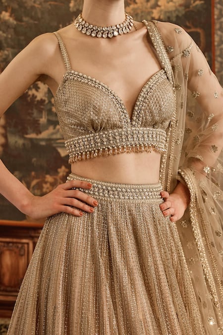 Shop_Cedar & Pine_Gold Tulle Crystals, Sequins, Embroidery Sweetheart Neck Floral Lehenga Set _Online_at_Aza_Fashions
