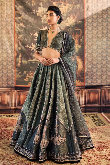 Cedar & Pine_Green Organza, Silk Crystals, Lace Plunge Neck Waltz With Me Printed Lehenga Set _Online_at_Aza_Fashions