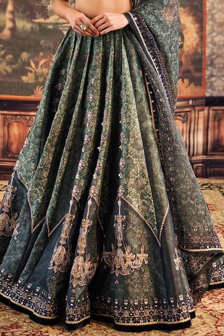 Buy_Cedar & Pine_Green Organza, Silk Crystals, Lace Plunge Neck Waltz With Me Printed Lehenga Set _Online_at_Aza_Fashions