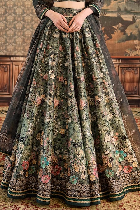 Cedar & Pine_Green Organza, Denim Lace, Mirrors, Zari, Woods Floral Print Lehenga Set _Online_at_Aza_Fashions