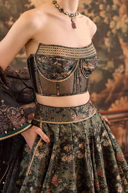 Buy_Cedar & Pine_Green Organza, Denim Lace, Mirrors, Zari, Woods Floral Print Lehenga Set _Online_at_Aza_Fashions