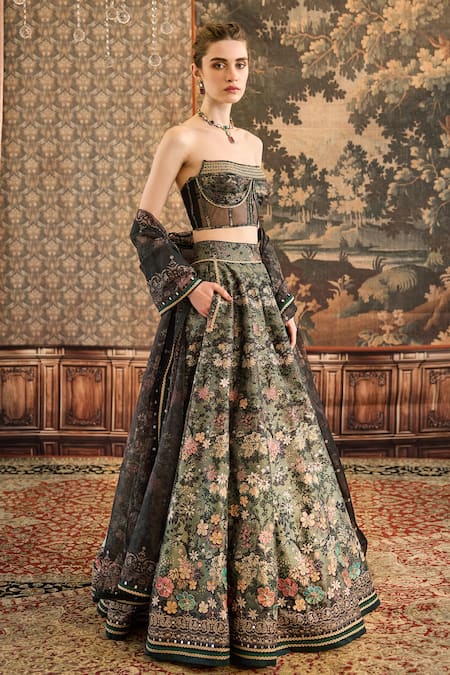 Shop_Cedar & Pine_Green Organza, Denim Lace, Mirrors, Zari, Woods Floral Print Lehenga Set _Online_at_Aza_Fashions
