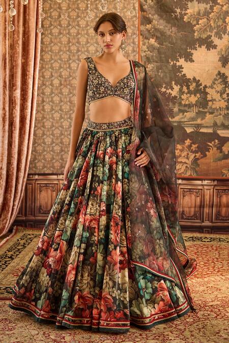 Cedar & Pine_Green Organza, Denim, Cotton Sequins, Beads, Vintage Garden Print Lehenga Set _Online_at_Aza_Fashions