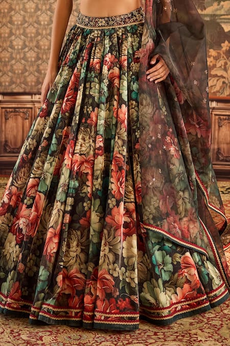 Buy_Cedar & Pine_Green Organza, Denim, Cotton Sequins, Beads, Vintage Garden Print Lehenga Set _Online_at_Aza_Fashions