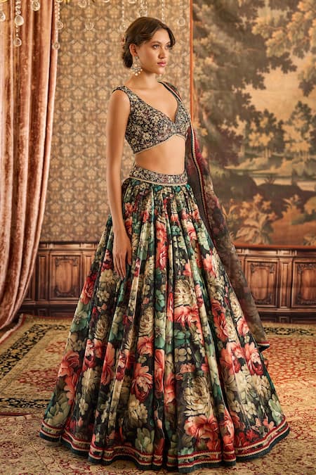 Shop_Cedar & Pine_Green Organza, Denim, Cotton Sequins, Beads, Vintage Garden Print Lehenga Set _Online_at_Aza_Fashions