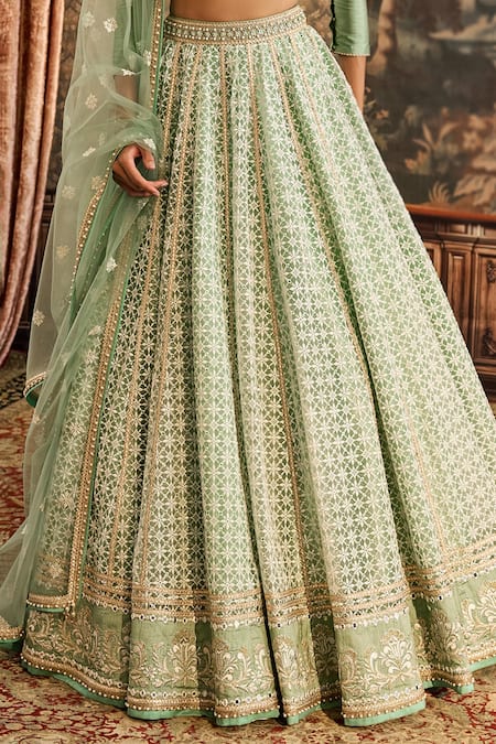 Cedar & Pine_Green Organza, Tulle Crystals, Lace, Embroidery Square Geometric Lehenga Set _Online_at_Aza_Fashions