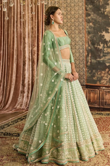 Buy_Cedar & Pine_Green Organza, Tulle Crystals, Lace, Embroidery Square Geometric Lehenga Set _Online_at_Aza_Fashions