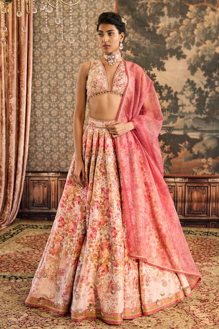 Cedar & Pine Peonies Floral Print Bridal Lehenga Set 