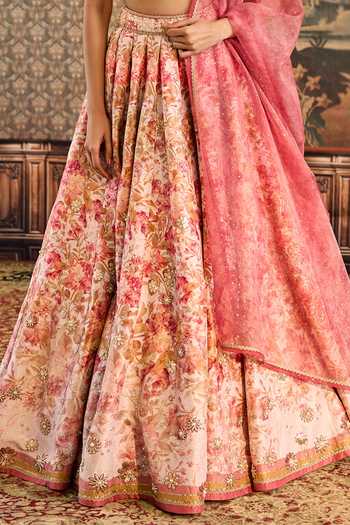 Cedar & Pine_Pink Silk, Organza Crystals, Zari, Peonies Floral Print Bridal Lehenga Set _Online_at_Aza_Fashions