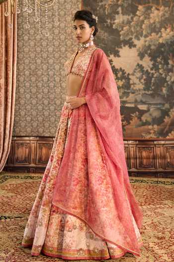 Buy_Cedar & Pine_Pink Silk, Organza Crystals, Zari, Peonies Floral Print Bridal Lehenga Set _Online_at_Aza_Fashions