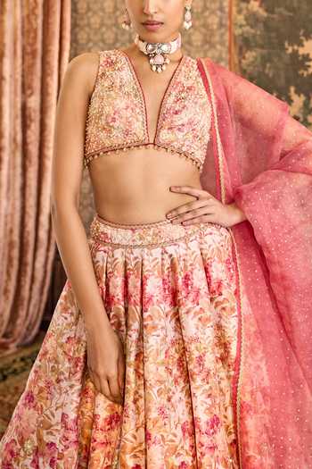 Shop_Cedar & Pine_Pink Silk, Organza Crystals, Zari, Peonies Floral Print Bridal Lehenga Set _Online_at_Aza_Fashions