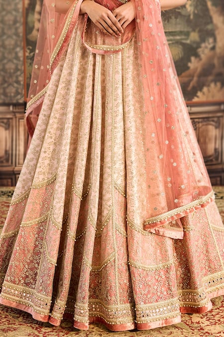 Cedar & Pine_Pink Tulle, Velvet, Silk Lace, Mirrors, Beads, Sequins Embroidered Lehenga Set _Online_at_Aza_Fashions