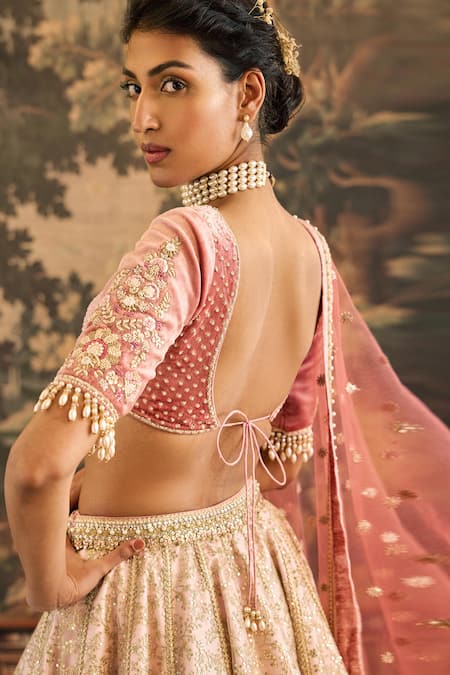 Buy_Cedar & Pine_Pink Tulle, Velvet, Silk Lace, Mirrors, Beads, Sequins Embroidered Lehenga Set _Online_at_Aza_Fashions