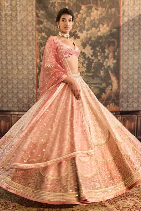 Shop_Cedar & Pine_Pink Tulle, Velvet, Silk Lace, Mirrors, Beads, Sequins Embroidered Lehenga Set _Online_at_Aza_Fashions