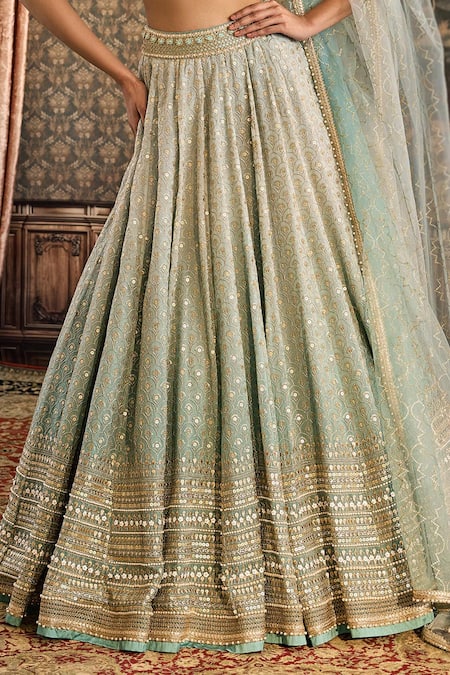Cedar & Pine_Blue Organza, Tulle Sequins, Beads, Lace, Scallop Embroidered Lehenga Set _Online_at_Aza_Fashions