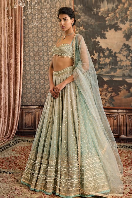 Buy_Cedar & Pine_Blue Organza, Tulle Sequins, Beads, Lace, Scallop Embroidered Lehenga Set _Online_at_Aza_Fashions