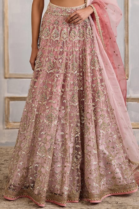 Cedar & Pine_Pink Organza, Tulle Sequins Sweetheart Neck Ombre Embroidered Lehenga Set _Online_at_Aza_Fashions