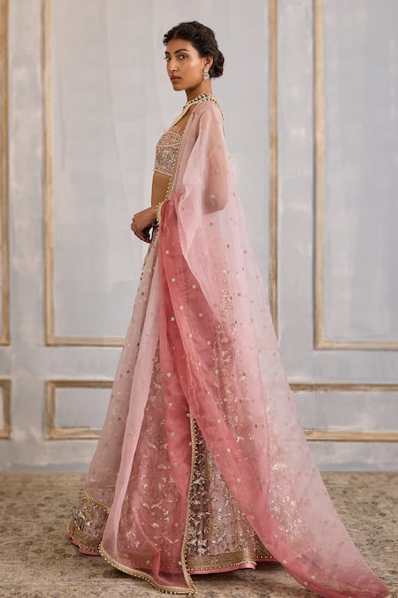 Buy_Cedar & Pine_Pink Organza, Tulle Sequins Sweetheart Neck Ombre Embroidered Lehenga Set _Online_at_Aza_Fashions