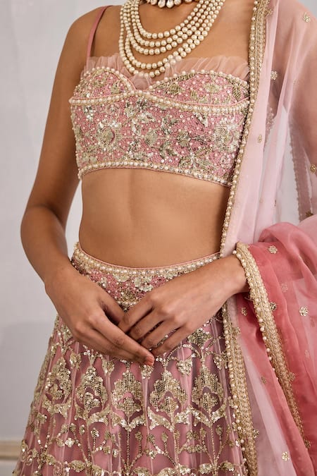 Shop_Cedar & Pine_Pink Organza, Tulle Sequins Sweetheart Neck Ombre Embroidered Lehenga Set _Online_at_Aza_Fashions