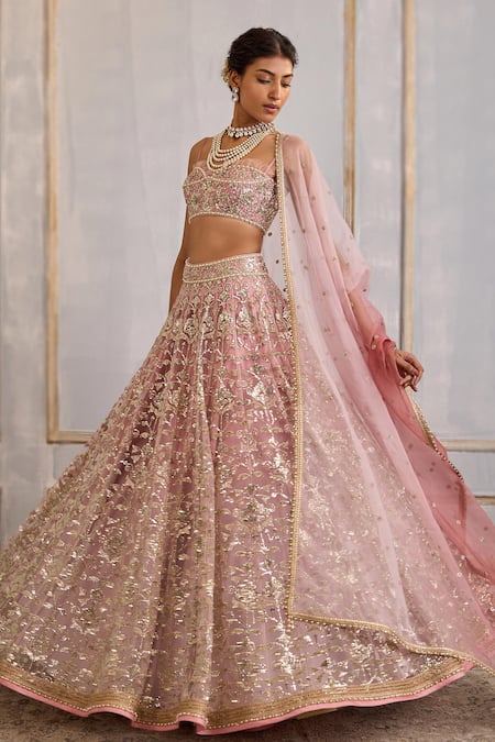 Cedar & Pine_Pink Organza, Tulle Sequins Sweetheart Neck Ombre Embroidered Lehenga Set _at_Aza_Fashions