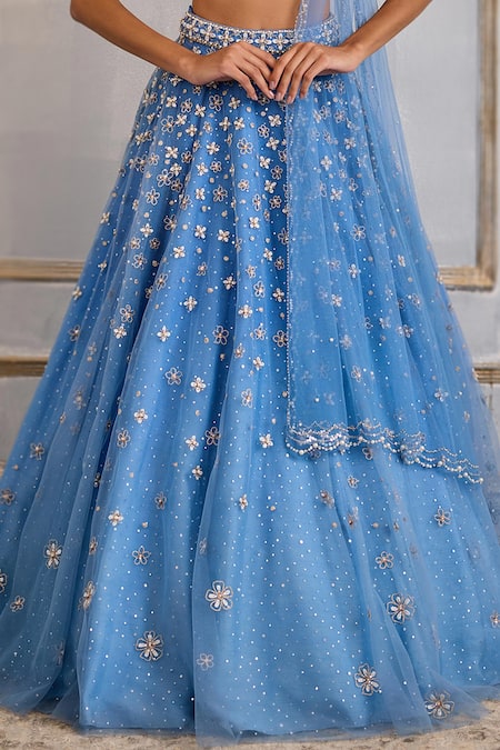 Cedar & Pine_Blue Tulle Sequins, Beads, Zari, Embroidery V-neck Periwinkle Lehenga Set _Online_at_Aza_Fashions