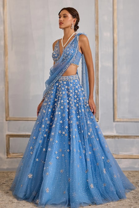 Buy_Cedar & Pine_Blue Tulle Sequins, Beads, Zari, Embroidery V-neck Periwinkle Lehenga Set _Online_at_Aza_Fashions
