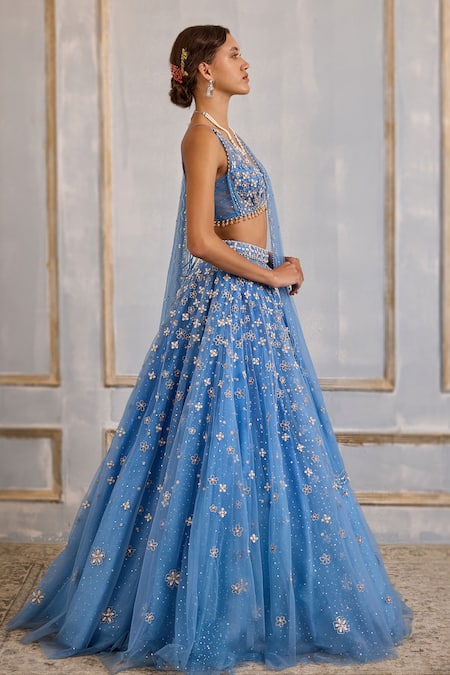 Shop_Cedar & Pine_Blue Tulle Sequins, Beads, Zari, Embroidery V-neck Periwinkle Lehenga Set _Online_at_Aza_Fashions