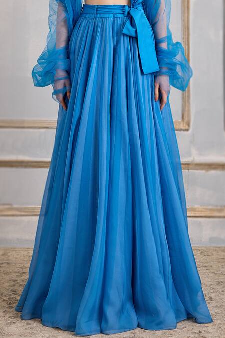Cedar & Pine Blue Organza, Tulle Sequins, Beads, Cut Work Stripe Print Skirt Blouse Set Online at Aza Fashions Cedar & Pine_Blue Organza, Tulle Sequins, Beads, Cut Work Stripe Print Skirt Blouse Set _Online_at_Aza_Fashions
