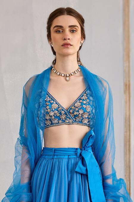 Buy Cedar & Pine Blue Organza, Tulle Sequins, Beads, Cut Work Stripe Print Skirt Blouse Set Online at Aza Fashions Buy_Cedar & Pine_Blue Organza, Tulle Sequins, Beads, Cut Work Stripe Print Skirt Blouse Set _Online_at_Aza_Fashions