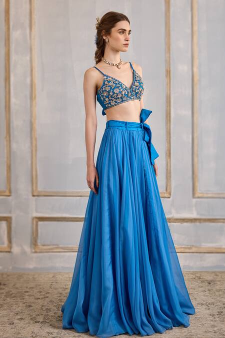 Shop Cedar & Pine Blue Organza, Tulle Sequins, Beads, Cut Work Stripe Print Skirt Blouse Set Online at Aza Fashions Shop_Cedar & Pine_Blue Organza, Tulle Sequins, Beads, Cut Work Stripe Print Skirt Blouse Set _Online_at_Aza_Fashions