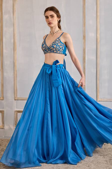 Cedar & Pine Blue Organza, Tulle Sequins, Beads, Cut Work Stripe Print Skirt Blouse Set at Aza Fashions Cedar & Pine_Blue Organza, Tulle Sequins, Beads, Cut Work Stripe Print Skirt Blouse Set _at_Aza_Fashions