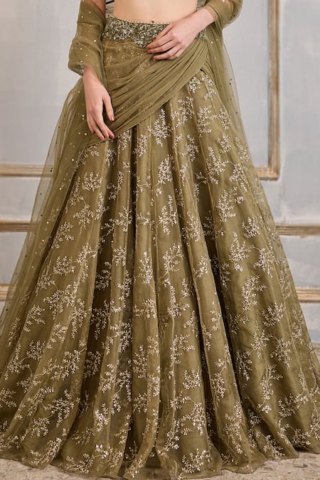 Cedar & Pine_Green Organza, Tulle Sequins, Beads, English Meadows Embroidered Lehenga Set _Online_at_Aza_Fashions