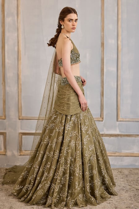 Buy_Cedar & Pine_Green Organza, Tulle Sequins, Beads, English Meadows Embroidered Lehenga Set _Online_at_Aza_Fashions