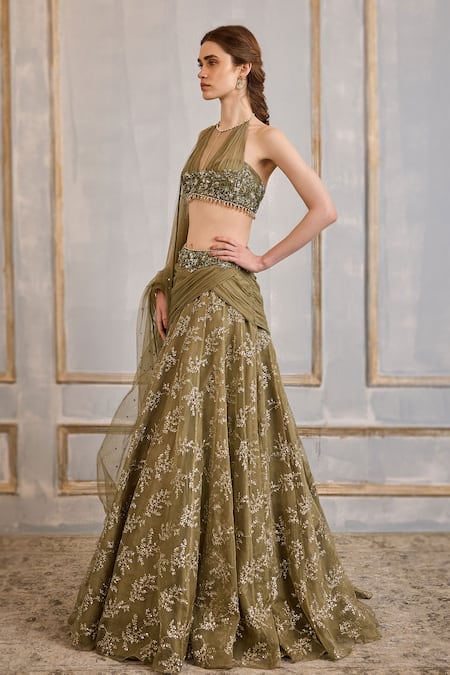 Shop_Cedar & Pine_Green Organza, Tulle Sequins, Beads, English Meadows Embroidered Lehenga Set _Online_at_Aza_Fashions
