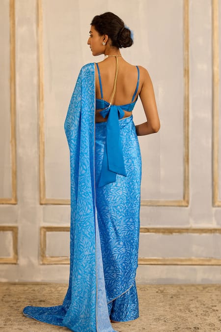 Shop Cedar & Pine Blue Tulle, Chiffon Sequins, Beads, Cut Work Fern Print Saree With Blouse at Aza Fashions Shop_Cedar & Pine_Blue Tulle, Chiffon Sequins, Beads, Cut Work Fern Print Saree With Blouse _at_Aza_Fashions
