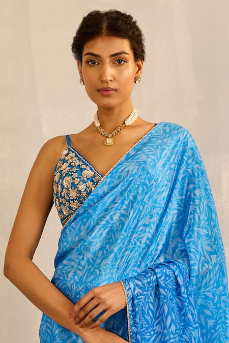 Cedar & Pine Blue Tulle, Chiffon Sequins, Beads, Cut Work Fern Print Saree With Blouse Online at Aza Fashions Cedar & Pine_Blue Tulle, Chiffon Sequins, Beads, Cut Work Fern Print Saree With Blouse _Online_at_Aza_Fashions