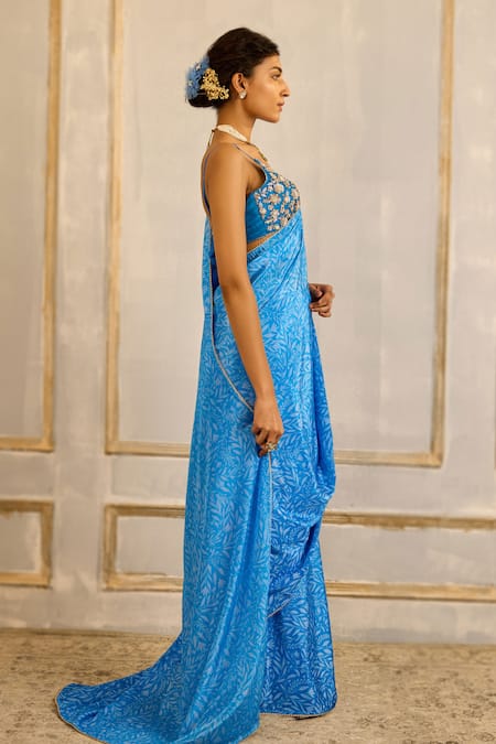 Buy Cedar & Pine Blue Tulle, Chiffon Sequins, Beads, Cut Work Fern Print Saree With Blouse Online at Aza Fashions Buy_Cedar & Pine_Blue Tulle, Chiffon Sequins, Beads, Cut Work Fern Print Saree With Blouse _Online_at_Aza_Fashions