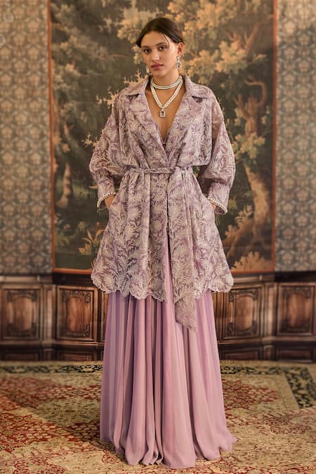 Cedar & Pine Purple Organza Embroidery Thread Jacket Collar Leaves Skirt Set 