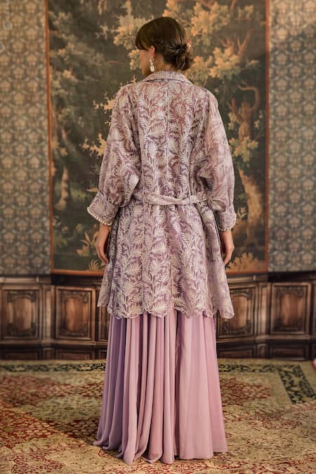 Shop Cedar & Pine Purple Organza Sequins, Embroidery Collared, Sweetheart Leaves Jacket Skirt Set at Aza Fashions Shop_Cedar & Pine_Purple Organza Sequins, Embroidery Collared, Sweetheart Leaves Jacket Skirt Set _at_Aza_Fashions