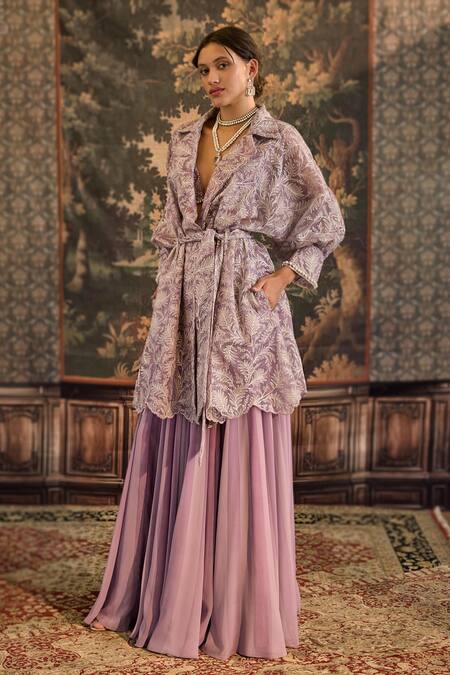 Cedar & Pine Purple Organza Sequins, Embroidery Collared, Sweetheart Leaves Jacket Skirt Set Online at Aza Fashions Cedar & Pine_Purple Organza Sequins, Embroidery Collared, Sweetheart Leaves Jacket Skirt Set _Online_at_Aza_Fashions