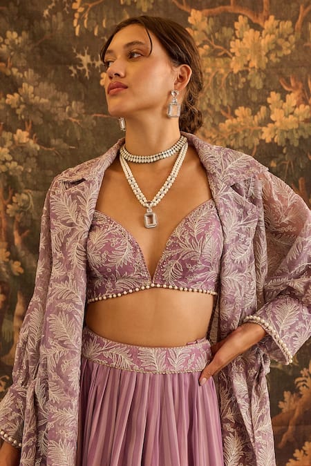 Buy Cedar & Pine Purple Organza Sequins, Embroidery Collared, Sweetheart Leaves Jacket Skirt Set Online at Aza Fashions Buy_Cedar & Pine_Purple Organza Sequins, Embroidery Collared, Sweetheart Leaves Jacket Skirt Set _Online_at_Aza_Fashions