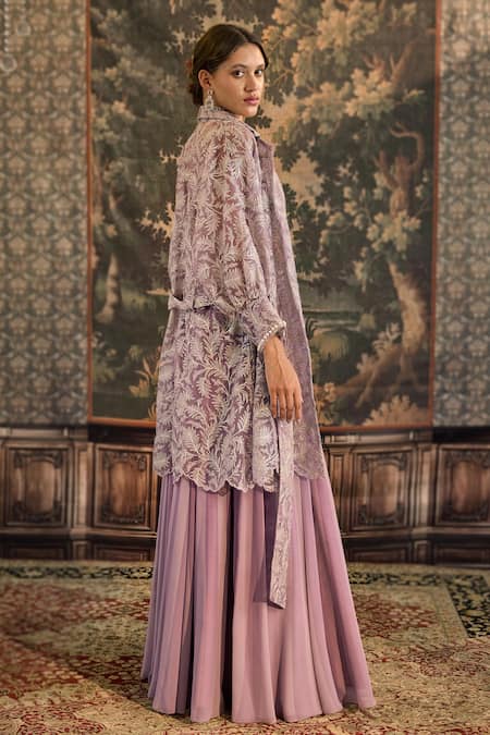 Shop Cedar & Pine Purple Organza Sequins, Embroidery Collared, Sweetheart Leaves Jacket Skirt Set Online at Aza Fashions Shop_Cedar & Pine_Purple Organza Sequins, Embroidery Collared, Sweetheart Leaves Jacket Skirt Set _Online_at_Aza_Fashions